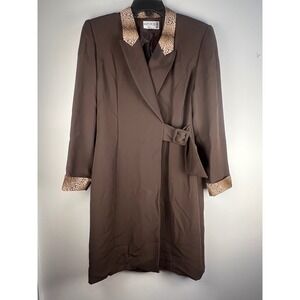 Kasper ASL Women's Brown Blazer Wrap Dress Leopard Print Trim Belted Knee Length